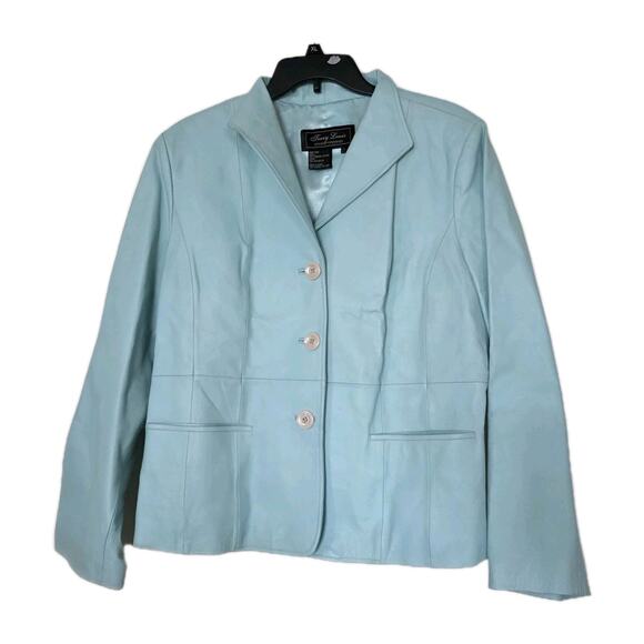 Vintage Baby Blue Leather Jacket Womens L Button Up Moto Y2K 90s Lined Pastel - Picture 1 of 11